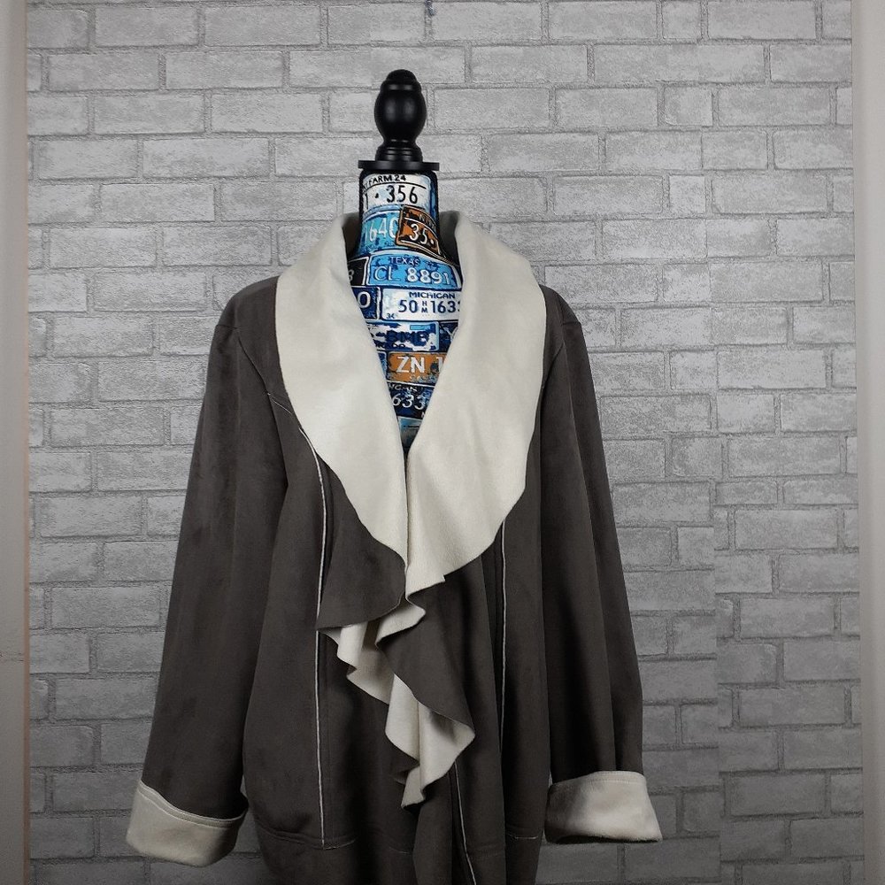 Eivissa Womens Grey Suede Ivory Faux Fur Coat 2X